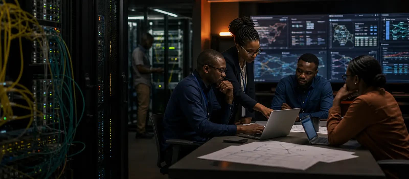 Salle d'opérations cyber africaine avec analystes et infrastructure réseau.
